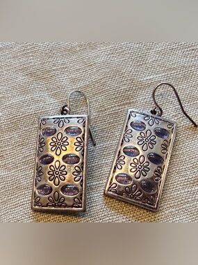 Silver Floral Rectangle Drop Earrings - Silver